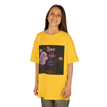 Kids Halloween Tee — "Boo: Hello Ghost Language" Cute Ghost Shirt