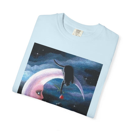 Moonlight Cats Graphic T‑Shirt — Romantic Crescent Moon Art Tee