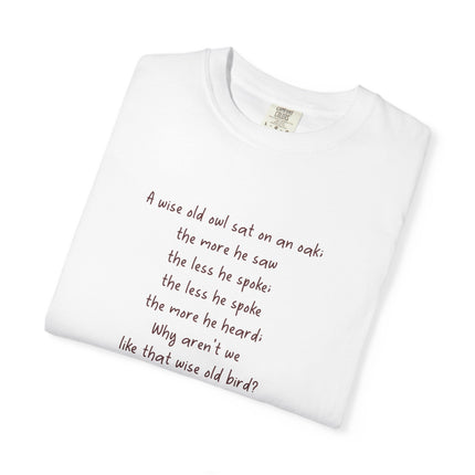 Poem & Owl Graphic T‑Shirt — 'A wise old owl...' Nature Poetry Tee