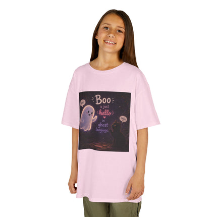 Kids Halloween Tee — "Boo: Hello Ghost Language" Cute Ghost Shirt