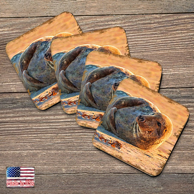 Seal Coastal Wooden Cork Coasters Gift Set of 4 by Nature Wonders - Coastal Sea-Life Decor - 95260C-S4-0
