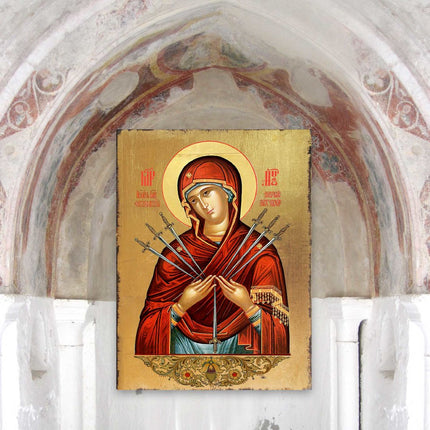 Virgin Mary of the Seven Swords Wooden Gold Plated Religious Christian Sacred Icon - Inspirational Icon Decor - 85037-3