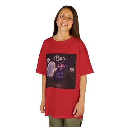 Kids Halloween Tee — "Boo: Hello Ghost Language" Cute Ghost Shirt