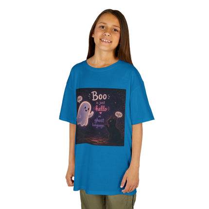 Kids Halloween Tee — "Boo: Hello Ghost Language" Cute Ghost Shirt