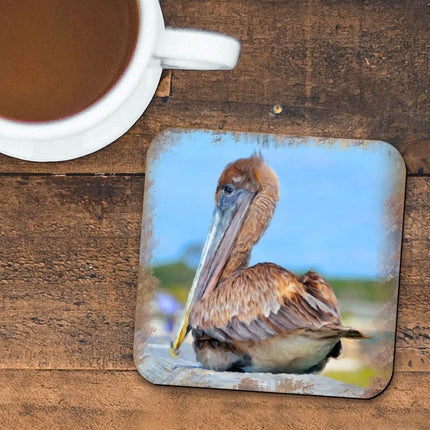 Pelican Coastal Wooden Cork Coasters Gift Set of 4 by Nature Wonders - Coastal Sea-Life Decor - 95325C-S4-1