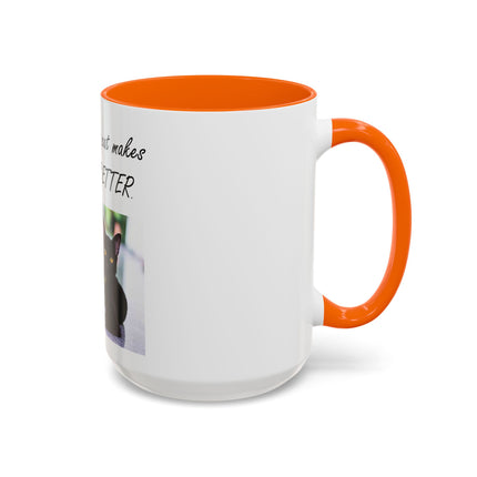 Cat Lover Accent Coffee Mug — "In my world, a cat makes everything BETTER" (11/15oz)