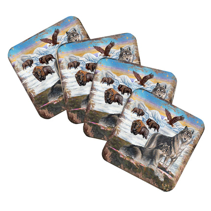 Winter Wolves Wooden Cork Coasters Gift Set of 4 by Nature Wonders - Nature Wildlife Decor  - 95222C-S4-4