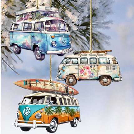 Surf Vans Decorative Wooden Ornaments Set of 3 by G. Debrekht - Coastal Decor - 8091040-S3-0