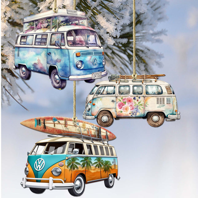 Surf Vans Decorative Wooden Ornaments Set of 3 by G. Debrekht - Coastal Decor - 8091040-S3-0