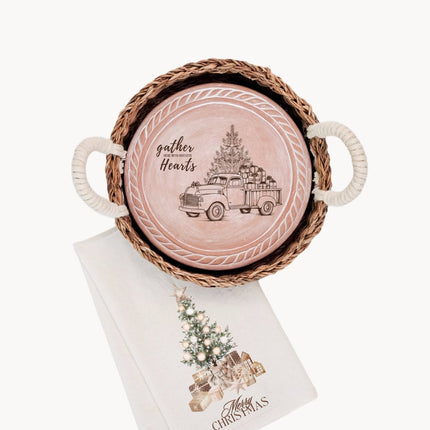Bread Warmer & Basket Gift Set with Tea Towel - Christmas Truck Round-0