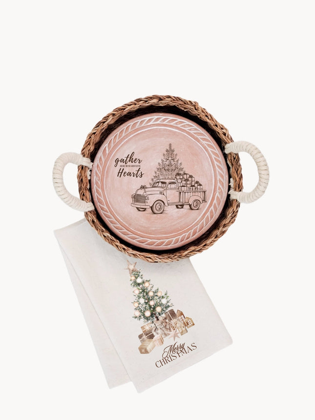 Bread Warmer & Basket Gift Set with Tea Towel - Christmas Truck Round-0