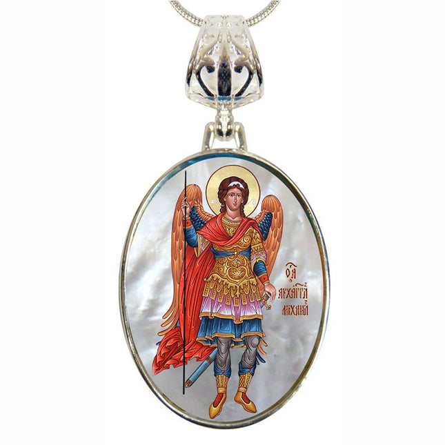 Saint Michael the Archangel Silver Plated Mother of Pearl Necklace - 43022-0