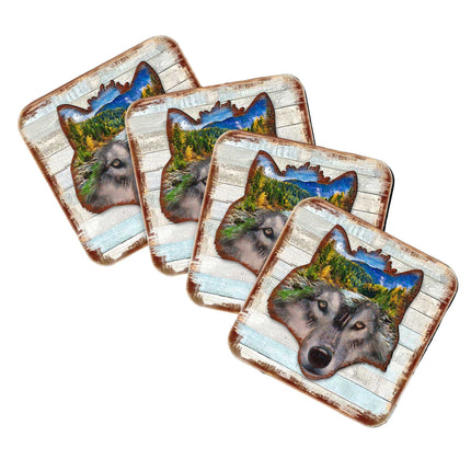 Wolf Face Wooden Cork Coasters Gift Set of 4 by Nature Wonders - Nature Wildlife Decor  - 8198227-4-9C-S4-4