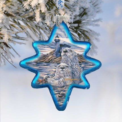 Starlight Otter Lighthouse Glass Ornament by J. Bergsma - Wildlife Holiday Decor - 755-572-JB-2