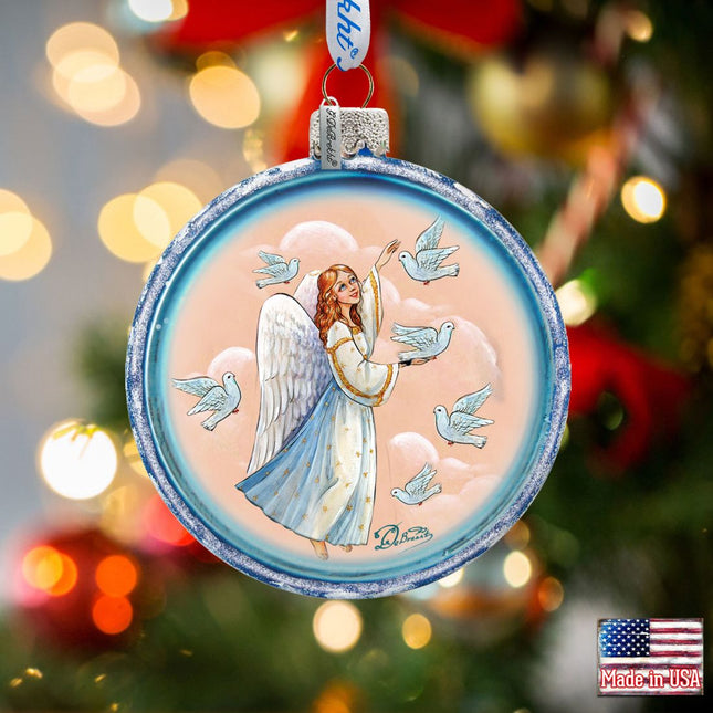 White Doves Angel Glass Ornament by G. DeBrekht - Nativity Holiday Decor - 73561C-0