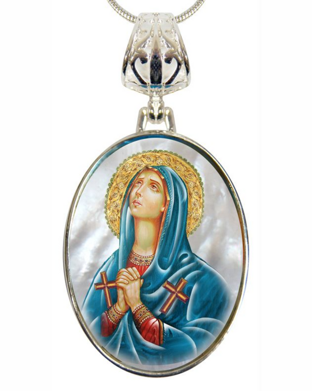 Virgin Mary Praying Silver Plated Mother of Pearl Necklace - 43014-0