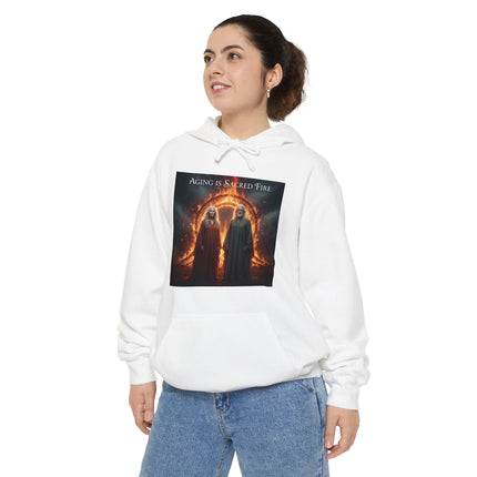 Hoodie - "Aging Is Sacred Fire" Fantasy Cloaked Figures Fire Portal Graphic Hoodie