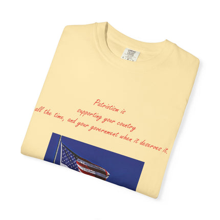 Patriotic Unisex Garment-Dyed T-Shirt with American Flag – Quote by Mark Twain
