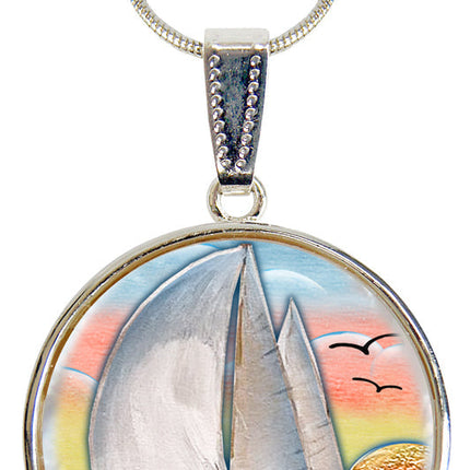 Sailboat Silver Plated Mother of Pearl Jewelry Pendant Necklace Coastal - 44043-2