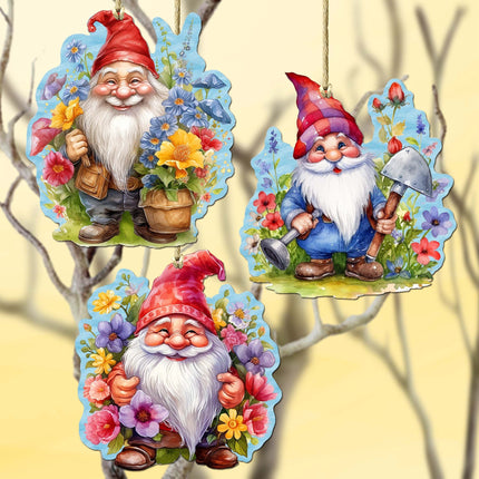 Garden Gnomes Decorative Wooden Ornaments Set of 3 by G. Debrekht - Spring Easter Decor - 8091030-S3-1