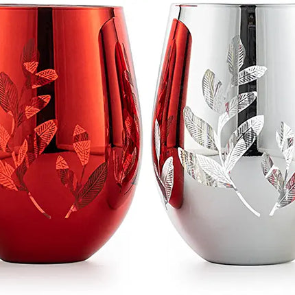 Multicolor 4-Piece Tree Stemless Wine & Water Glasses - Shining Red Green Yellow Silver, Housewarming Gift For Her, Him Party Décor, Colored Glass Trees Décor, Kitchen Home Decoration (Stemless)-4