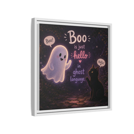 Framed Canvas Art - "Boo is Just Hello" Cute Ghost & Black Cat Halloween Print