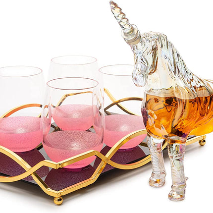 Iridescent Unicorn Wine Whiskey Decanter Set 750ml With 4 Pink Sparkle Glasses for Wine, Whiskey, Scotch, Tequila or Any Drink by The Wine Savant - Unicorn Gifts, Unicorn Lovers, 14" L, 10" W, 11" H-4