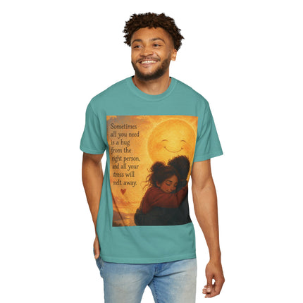 Hug Melt Away T-Shirt — Warm Sunset Illustration & Quote