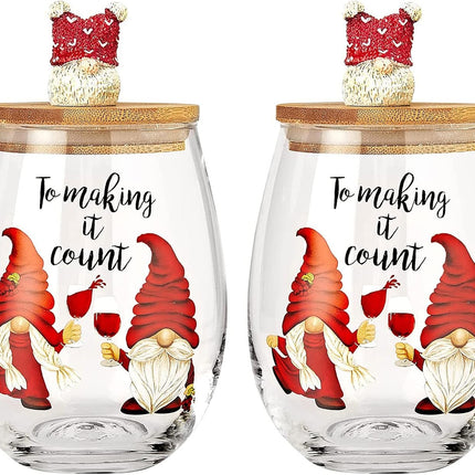 Christmas Gnome Wine & Water Glasses With Dwarf Wood Cover - Set of 2-17.5oz - Santa Holiday Festive Gnomes Stemless Clear Wine Glass For Red Or White Wine - Wines Glass for Women Friends Men Sister-0