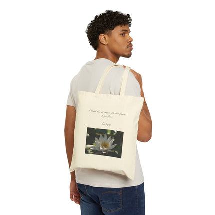 Canvas Tote Bag — White Lotus Photo with Quote, Eco-Friendly Everyday Shopper