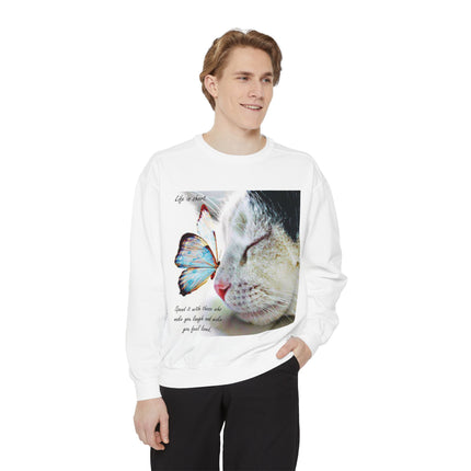 Life is Short Cat & Butterfly Unisex Garment-Dyed Sweatshirt