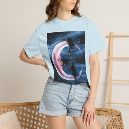Moonlight Cats Graphic T‑Shirt — Romantic Crescent Moon Art Tee