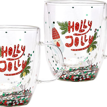 Set of 2 Holly Jolly Christmas Design Tumbler Mugs - Confetti Filled 9.5 oz Decorated Christmas Glass - Perfect for Wine, Eggnog, Cocoa, Holiday Parties & Festivities - 4.25" High, 9.5 oz Capacity-2