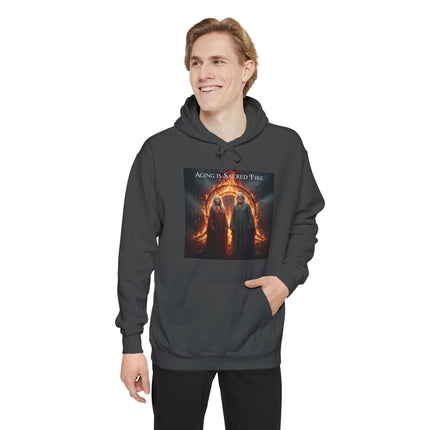 Hoodie - "Aging Is Sacred Fire" Fantasy Cloaked Figures Fire Portal Graphic Hoodie