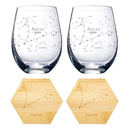 Set of 2 Zodiac Sign Wine Glasses with 2 Wooden Coasters by The Wine Savant - Astrology Drinking Glass Set with Etched Constellation Tumblers for Juice, Water Home Bar Horoscope Gifts 18oz (Pisces)-4