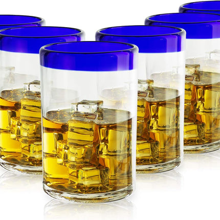 Hand Blown Mexican Drinking Glasses – Set of 6 Confetti Rock Design Glasses by The Wine Savant (Cobalt)-3