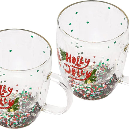 Set of 2 Holly Jolly Christmas Design Tumbler Mugs - Confetti Filled 9.5 oz Decorated Christmas Glass - Perfect for Wine, Eggnog, Cocoa, Holiday Parties & Festivities - 4.25" High, 9.5 oz Capacity-3