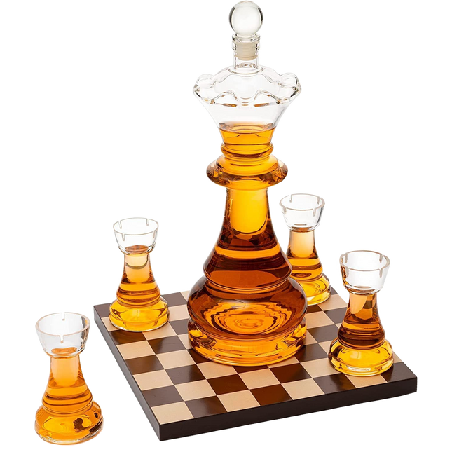New Chess Decanter Set by The Wine Savant - Queen Chess Decanter 750ml 12" H With 4 Rook Shot Glasses 4oz - Queen's Gambit, Chess Player Gifts, Whiskey, Wine Lovers Gifts for Dad…-0