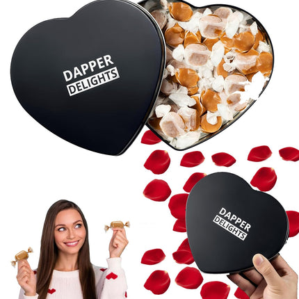 Valentines Day Gift Scotch Whiskey Caramels - Heart Tin - Him & Her, Premium Salted Caramel, Valentine Chocolate Candy Dapper Delights Gourmet Collection, Love Basket for Men, Boyfriend, Husband, Dad-0