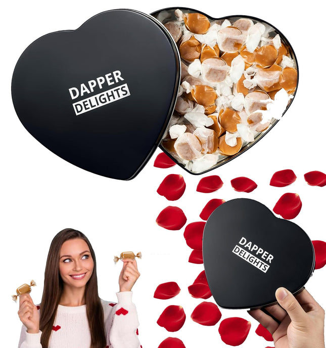 Valentines Day Gift Scotch Whiskey Caramels - Heart Tin - Him & Her, Premium Salted Caramel, Valentine Chocolate Candy Dapper Delights Gourmet Collection, Love Basket for Men, Boyfriend, Husband, Dad-0