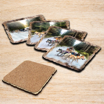 Husky Ride Wooden Cork Coasters Gift Set of 4 by Nature Wonders Nature Wildlife Decor  - 95401C-S4-3