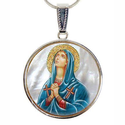 Virgin Mary Praying Silver Plated Mother of Pearl Necklace - 43014-1
