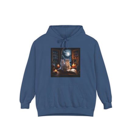 Mystic Cat Library Hoodie — Moonlit Cats, Candles & Spellbook Graphic Hoodie