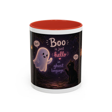 Halloween Ghost Coffee Mug — “Boo is just hello in ghost language” Accent Mug