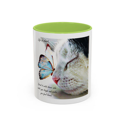 Cat & Butterfly Coffee Mug with 'Life is Short' Inspirational Quote (Accent, 11/15oz)