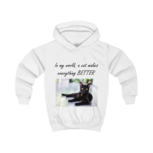 Kids Hoodie — "In My World, A Cat Makes Everything Better" Black Cat Photo Hoodie