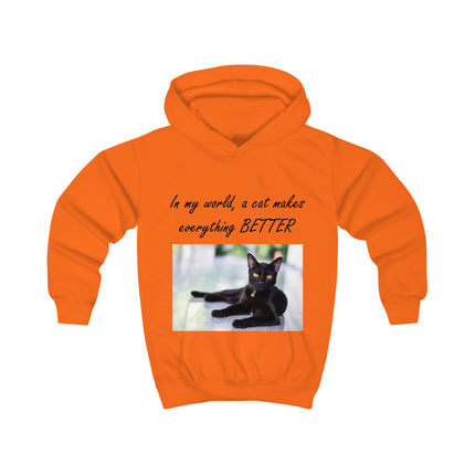 Kids Hoodie — "In My World, A Cat Makes Everything Better" Black Cat Photo Hoodie