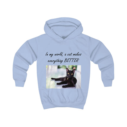 Kids Hoodie — "In My World, A Cat Makes Everything Better" Black Cat Photo Hoodie