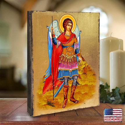 Saint Michael the Archangel Wooden Gold Plated Religious Christian Sacred Icon - Inspirational Icon Decor - 85022-1