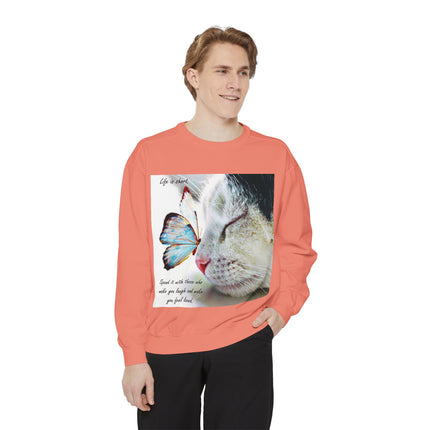 Life is Short Cat & Butterfly Unisex Garment-Dyed Sweatshirt
